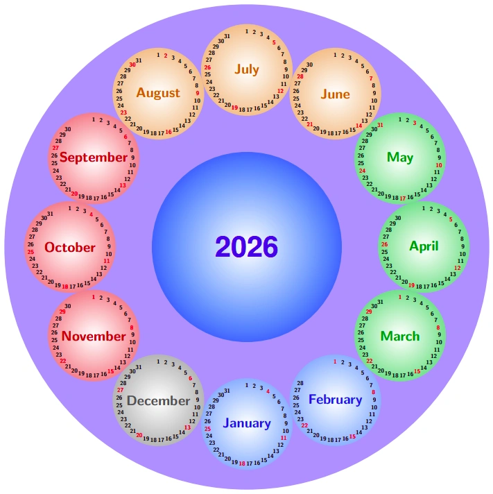 Kalender Melingkar 2026 TikZ