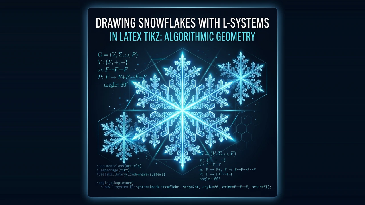 Featured image for Menggambar Kristal Salju Fraktal (Snowflakes) Menggunakan Sistem Lindenmayer (L-Systems) di LaTeX TikZ